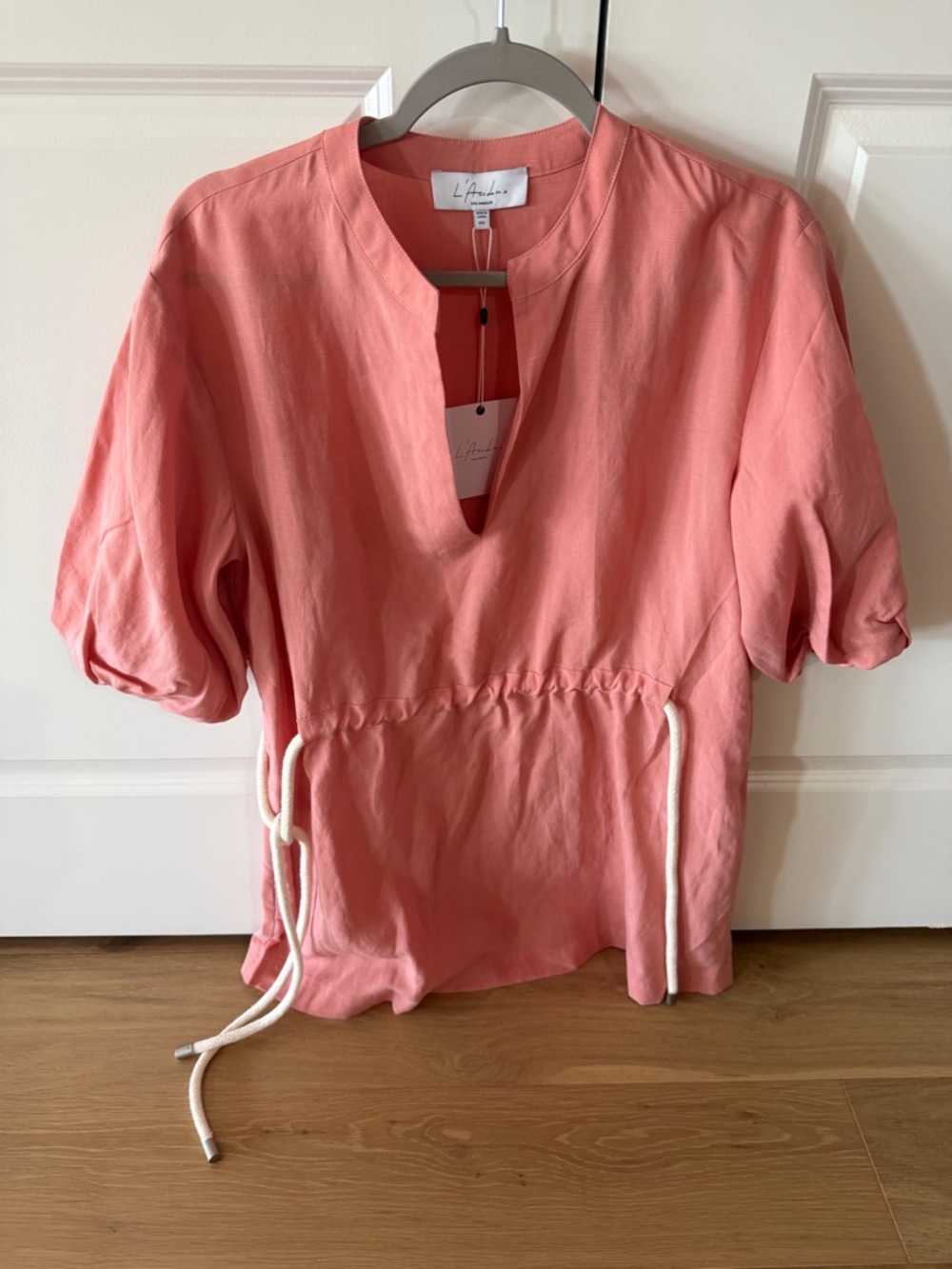 L'Academie Coral Pink Split-Front Drawstring Mini Dress